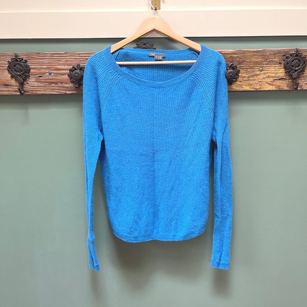 Vince Blue Wool Cashmere Ribbed Scoop Neck Raglan Long Sleeve Sweater Womens M